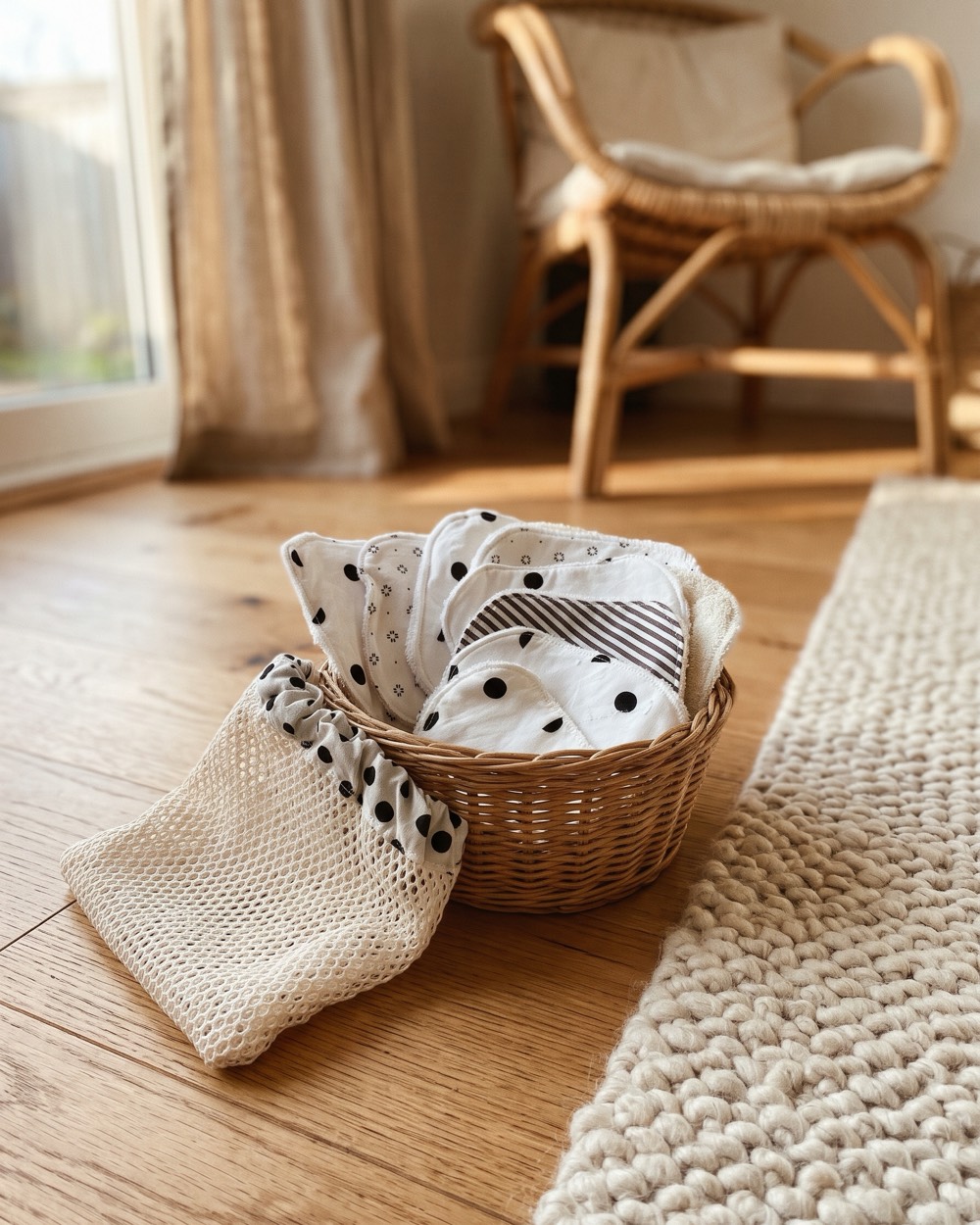 Les lingettes rangées dans un panier en osier, au sol près du tapis