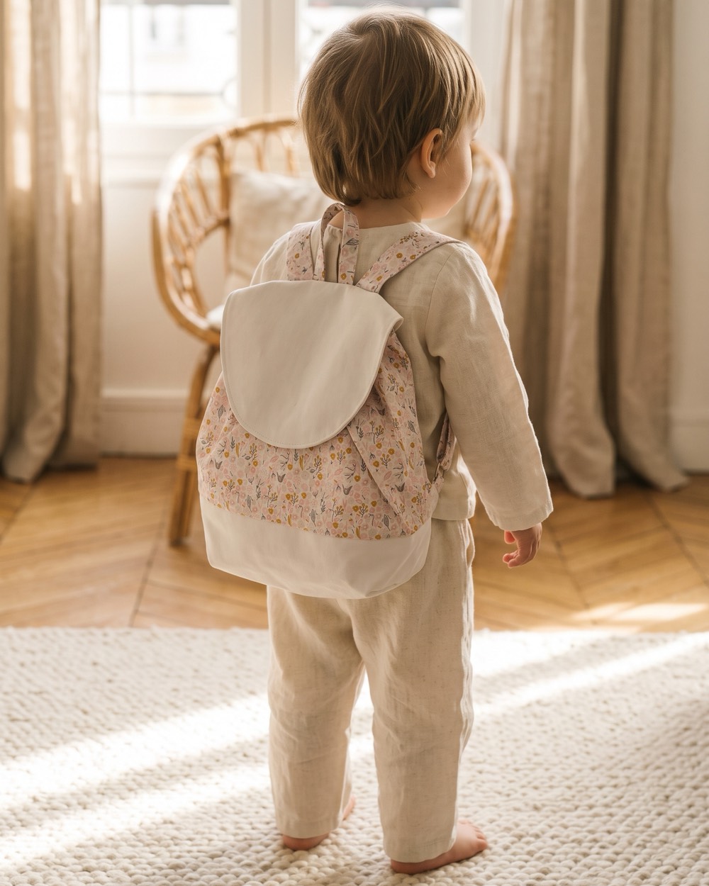 Enfant de dos portant le sac à dos fleuri rose et écru